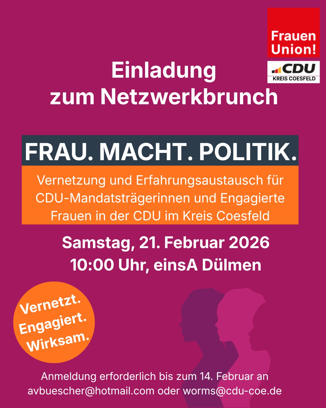 Vernetzung und Erfahrungsaustausch f�r
CDU-Mandatstr�gerinnen und Engagierte
Frauen in der CDU im Kreis Coesfeld